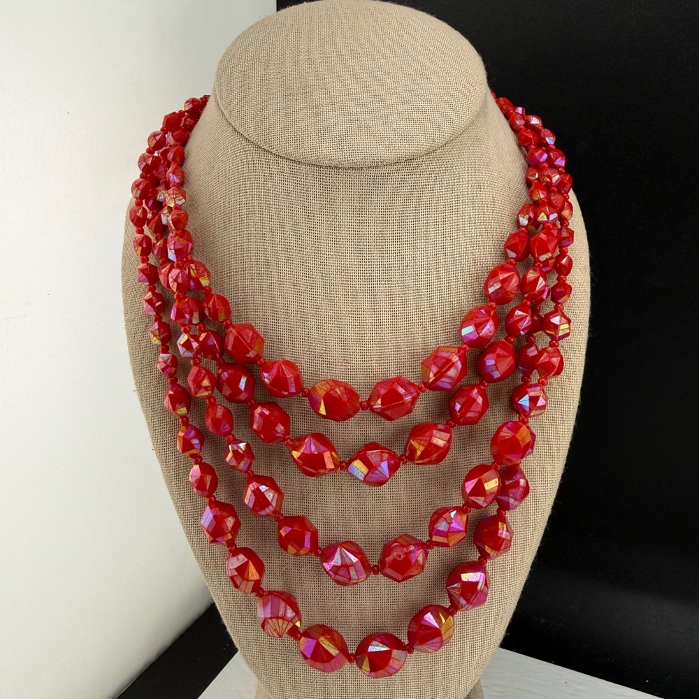Vintage Estate Beaded Necklace Red Layered Acrylic AB Adjustable 17”